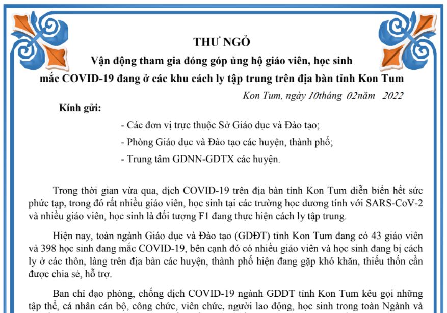 Thư ngỏ kêu gọi tham gia đóng góp ủng hộ giáo viên, học sinh mắc COVID-19 đang ở các khu cách ly tập trung trên địa bàn tỉnh Kon Tum